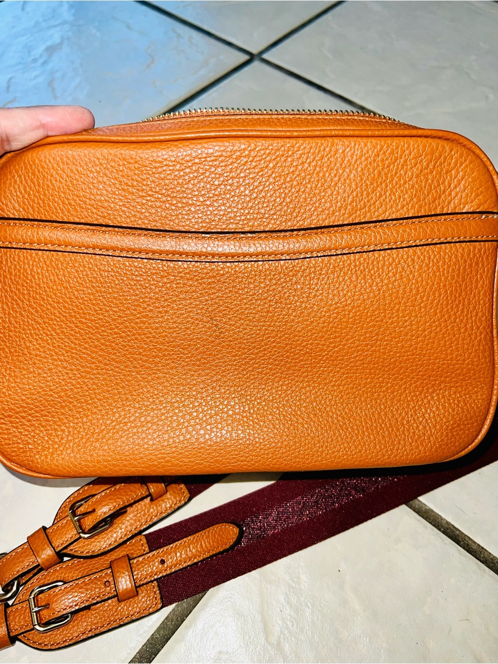 Coach Orange Pebbled Leather Camera Crossbody with Striped Strap - Picture 5 of 10